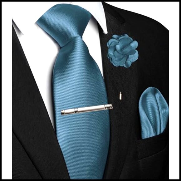 Men's Formal Tie Set with Pocket Square Tie Clip Lapel Pin Classic Elegant - Picture 2 of 4